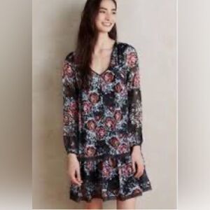 MAEVE Anthropologie Painterly Tiered Dress Long Sleeve Floral Black M